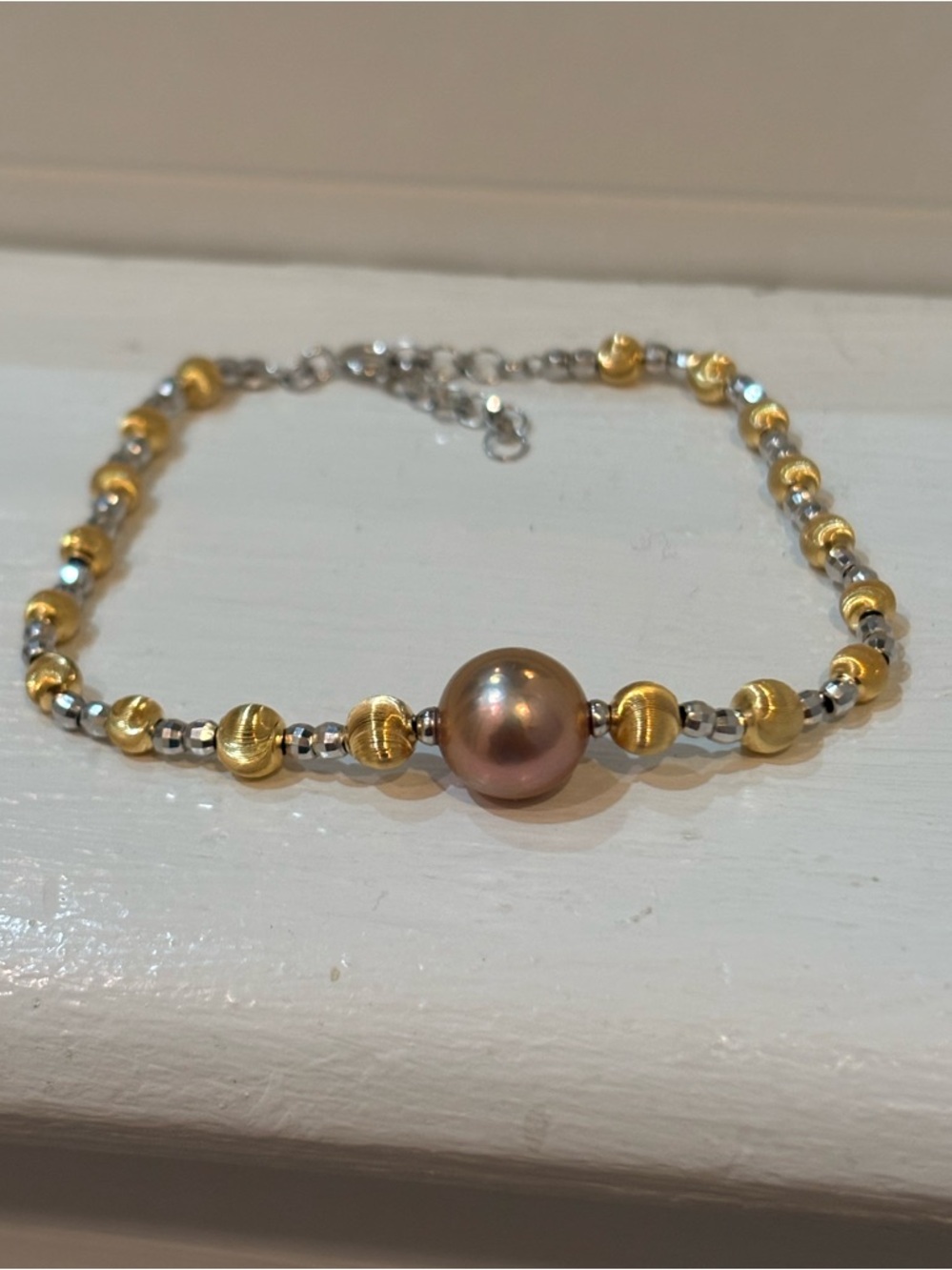 Freshwater Edison Pearl On Cats Eye Bead Sterling Silver Bracelet